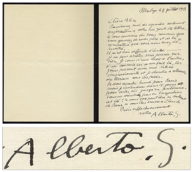 Alberto Giacometti Autograph Letter Signed -- Extremely Rare Missive by the Famed Sculptor, Here Mourning the Death of His Father, the Painter Giovanni Giacometti